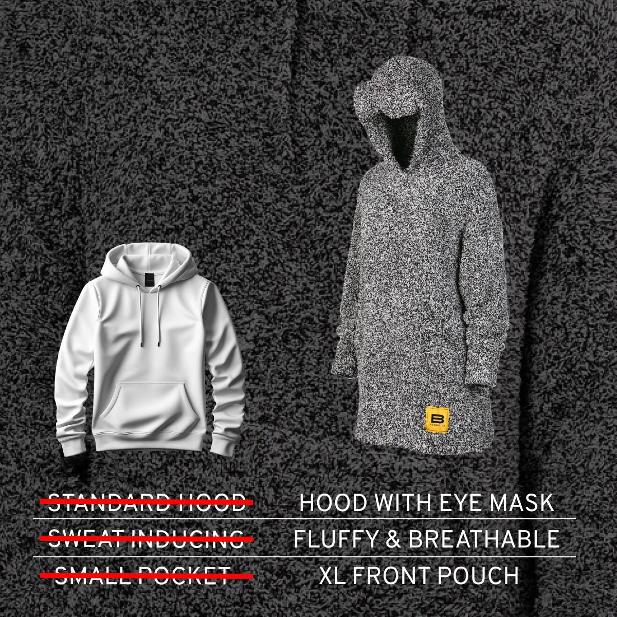 Premier Plush™ Hoodie Black Heather Kids, white pullover with drawstring hood beside gray textured oversized blanket hoodie with eye mask