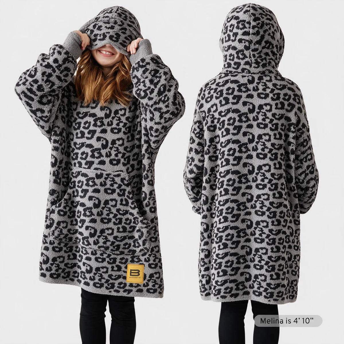Premier Plush Hoodie Kids Black Leopard