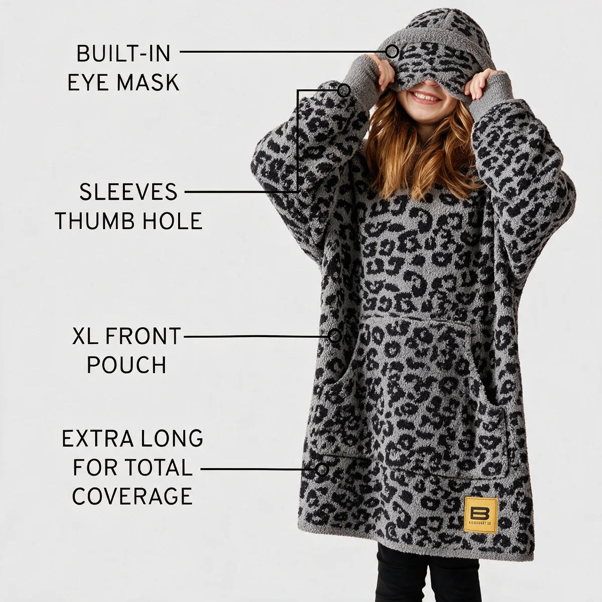 Premier Plush Hoodie Kids Black Leopard