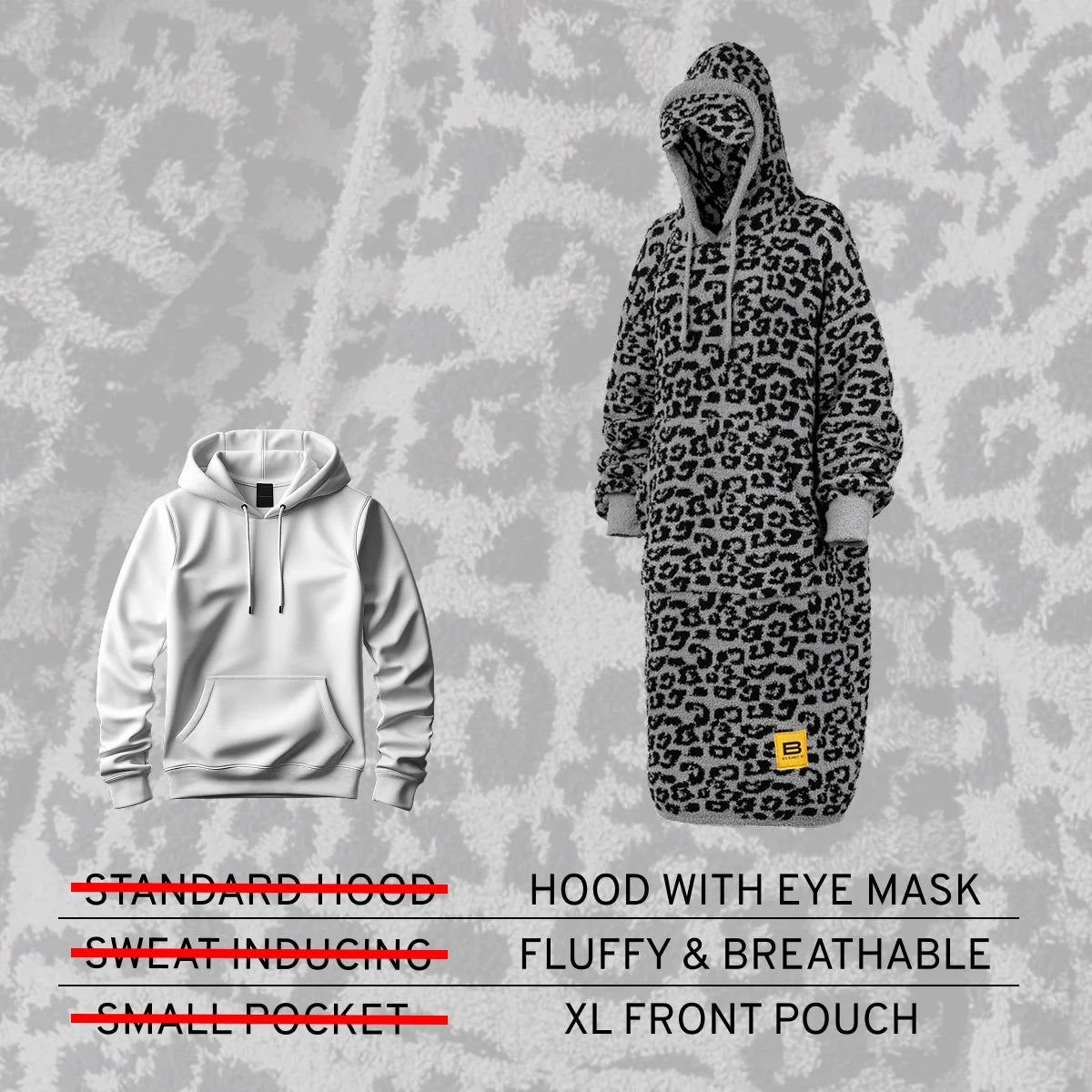 Black leopard print oversized hoodie with drawstring hood, eye mask, and XL front pouch on textured background
