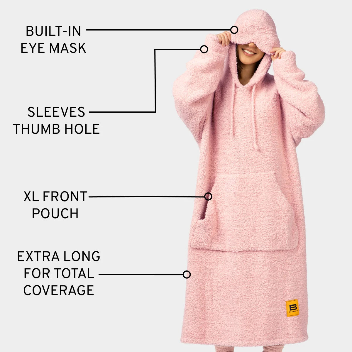 Blush Premier Plush hoodie blanket with built-in eye mask, thumb hole sleeves, XL front pouch, extra long coverage