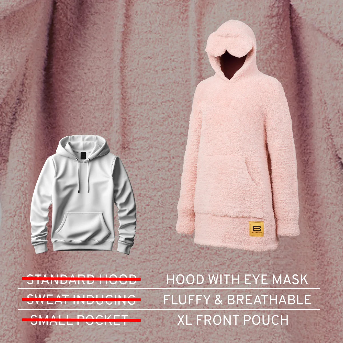 Blush Premier Plush hoodie dress on child model with eye mask hood, fluffy texture, and oversized front pouch pocket