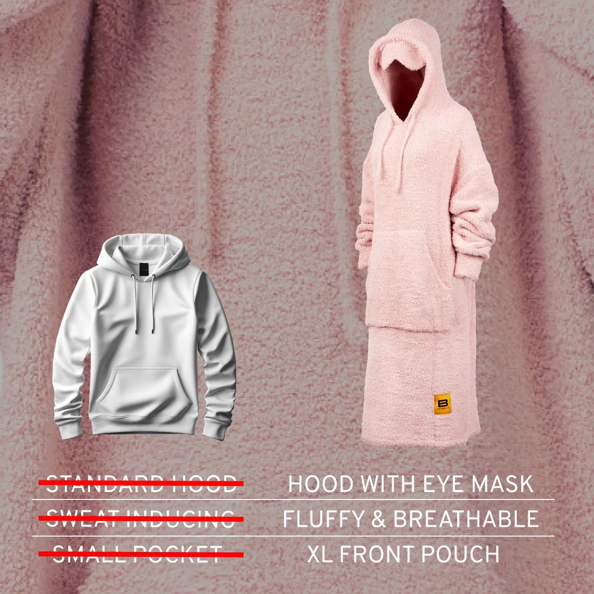 Blush pink oversized hoodie blanket with eye mask hood and XL front pouch, displayed on mannequin against textured backdrop