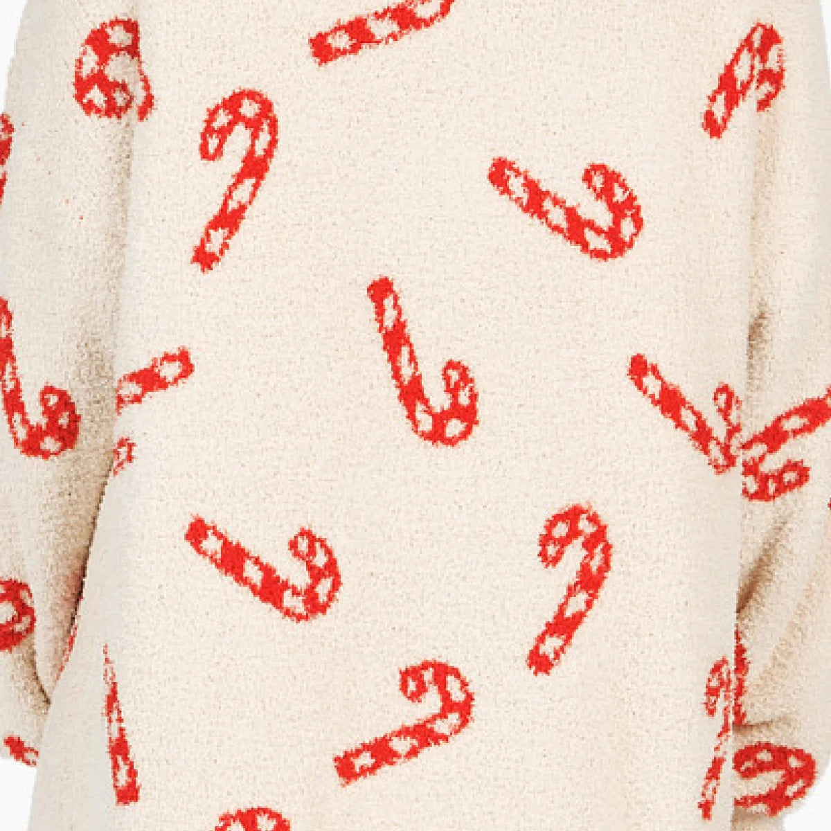 Cream oversized blanket hoodie with red candy cane pattern throughout