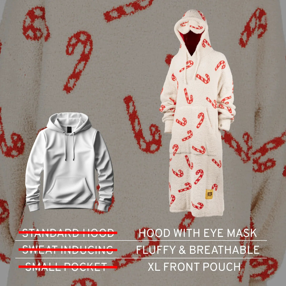 Cream oversized blanket hoodie with red candy cane pattern, hood with eye mask, front pouch pocket, shown on figure against gray background