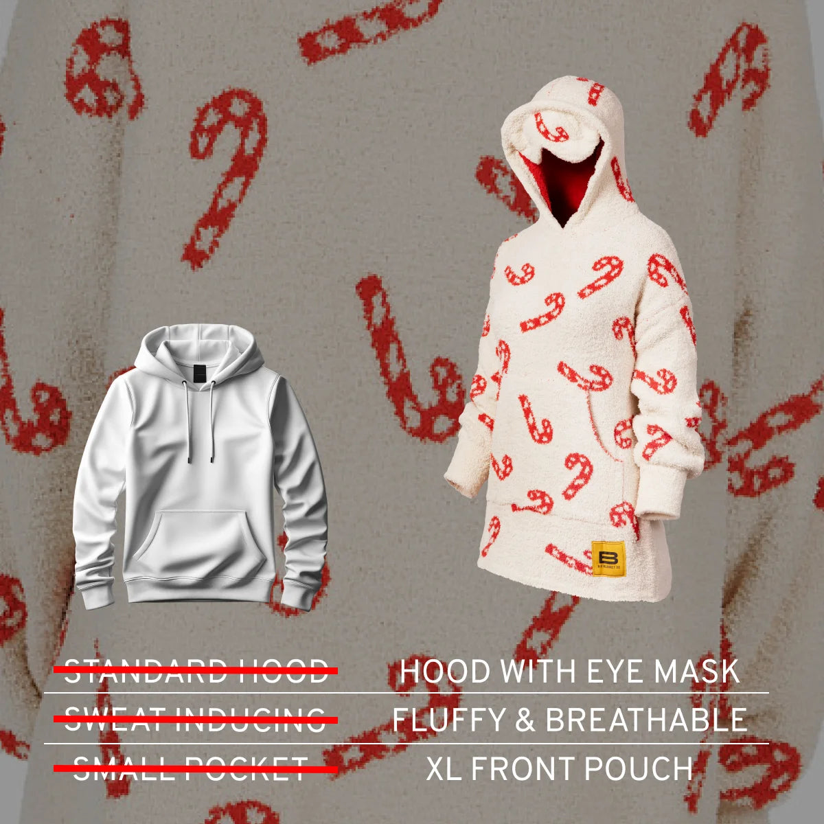 Cream oversized hoodie wearable blanket with red candy cane print, hood with eye mask, and XL front pouch