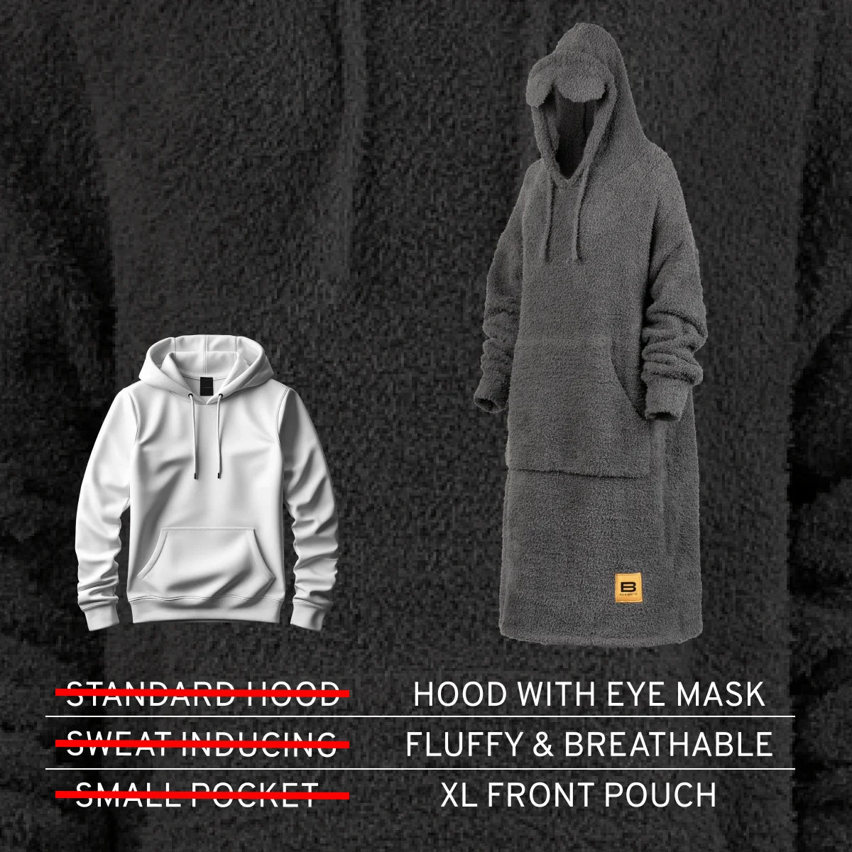 Charcoal Premier Plush oversized hoodie blanket with integrated eye mask hood and XL front pouch, displayed on mannequin