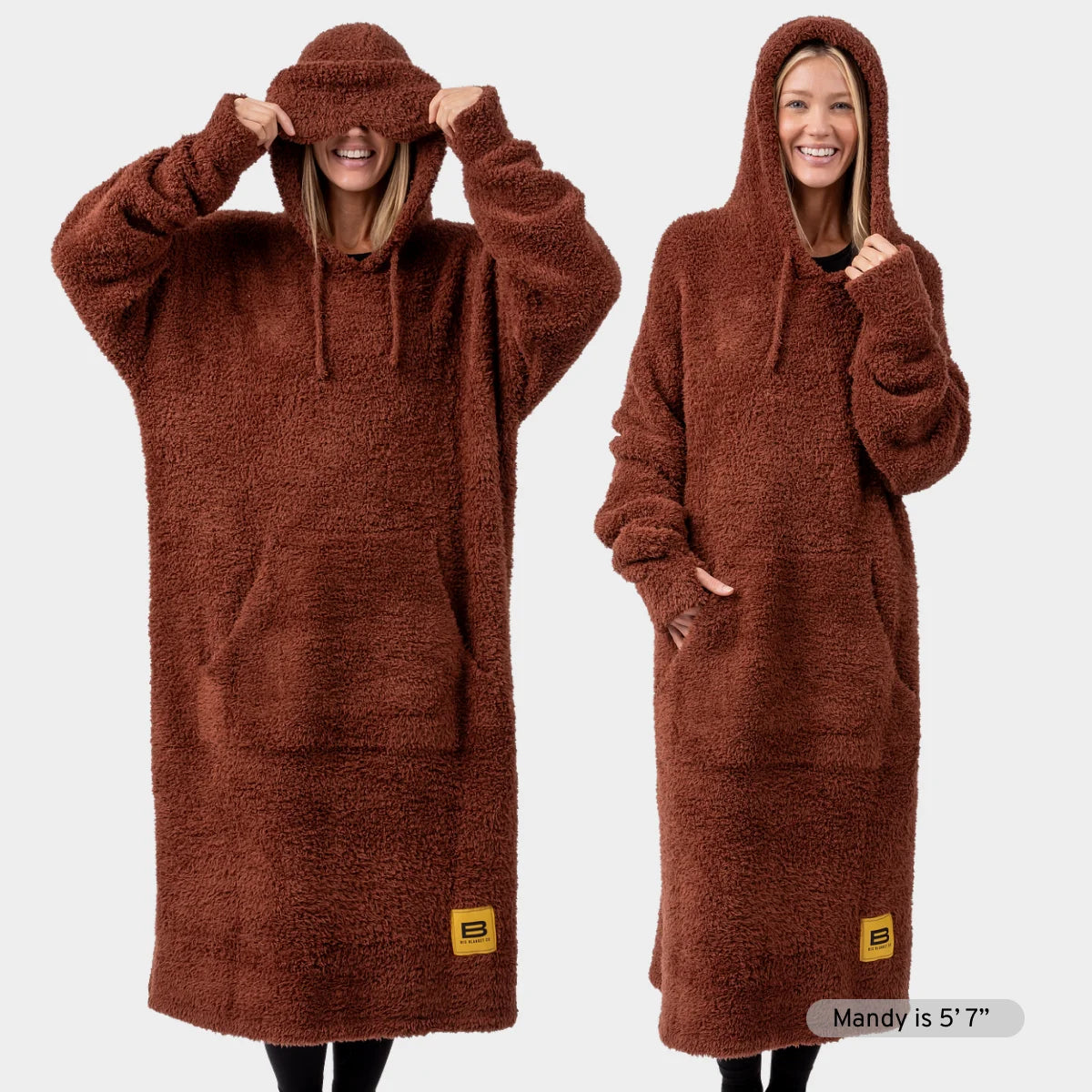 Women wearing chocolate brown oversized hoodie blanket with hood and kangaroo pocket, showing front and side views