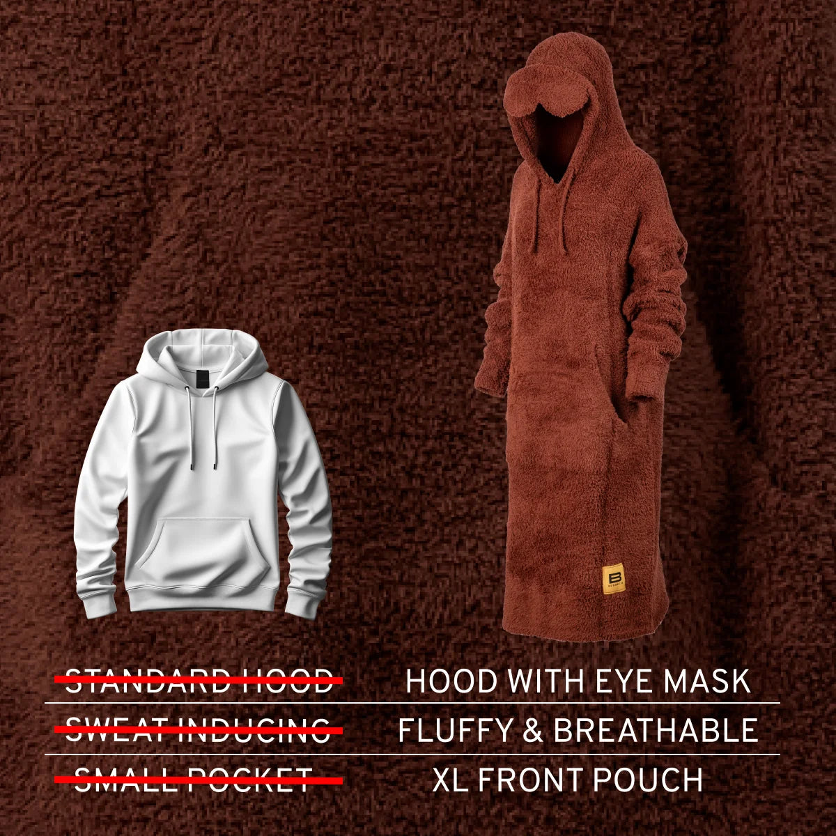 Rust-brown oversized hoodie with integrated eye mask hood and large front pouch, displayed on mannequin against textured brown background