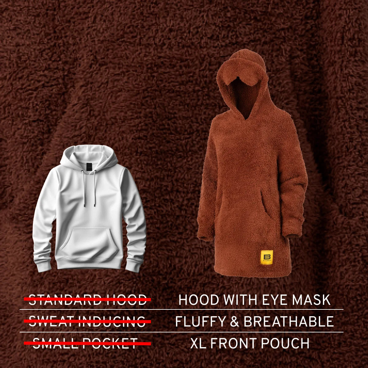 Chocolate brown oversized plush hoodie with eye mask hood and XL front pouch, shown on mannequin against textured backdrop