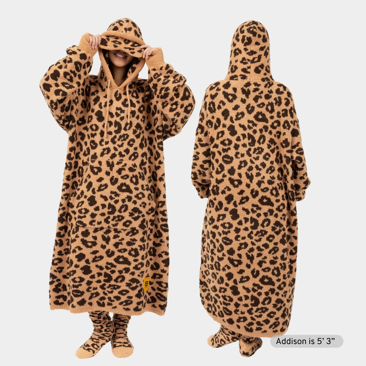 Tan leopard print oversized blanket hoodie with hood and matching socks, front and back view