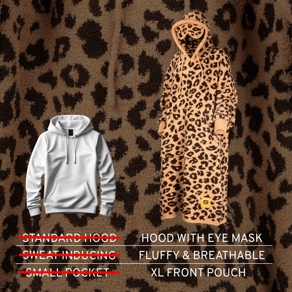 Premier Plush Hoodie Classic Leopard with hood, eye mask detail, fluffy breathable fabric, and XL front pouch on tan and black leopard print background