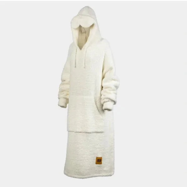 Cream oversized Premier Plush hoodie blanket on child model, shown full length with hood up