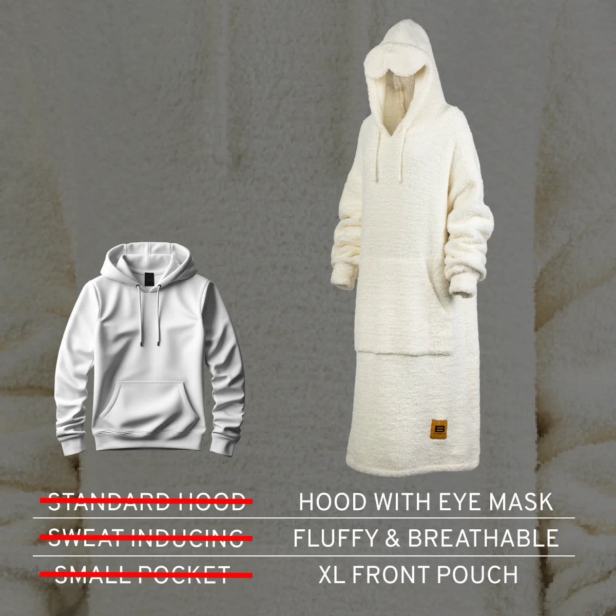 Cream Premier Plush™ Hoodie with hood and eye mask, featuring fluffy breathable fabric and XL front pouch pocket