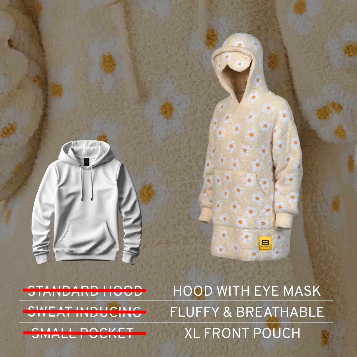 Cream oversized hoodie blanket with daisy pattern, hood with eye mask, XL front pouch, fluffy and breathable fabric