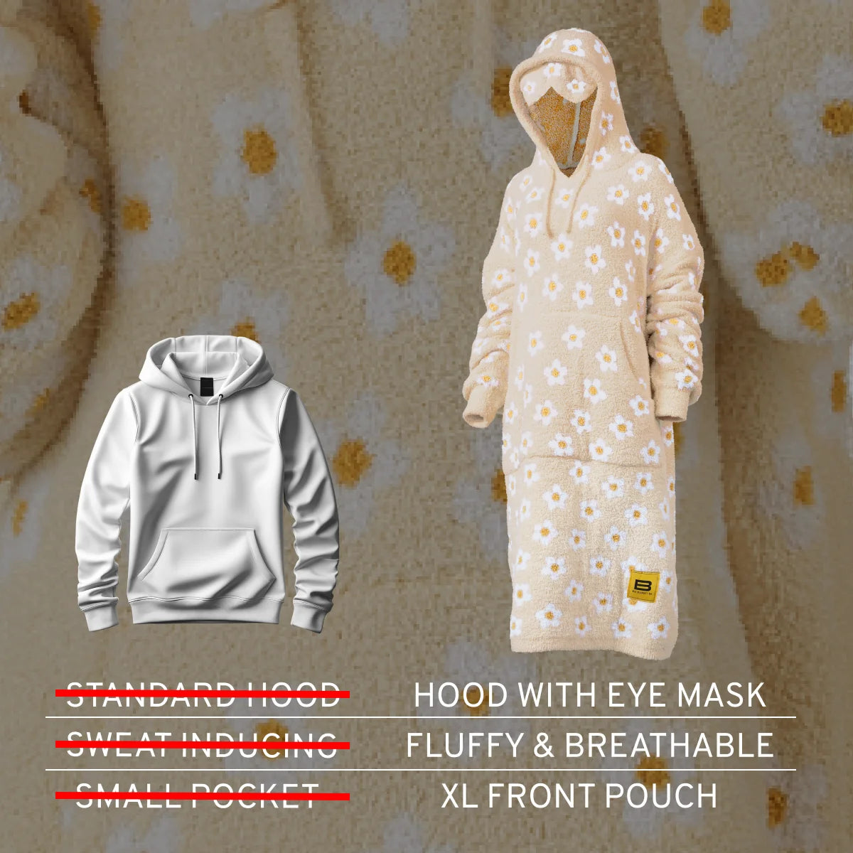 Cream oversized blanket hoodie with daisy and gold dot pattern, featuring hood with eye mask, XL front pouch, displayed on mannequin