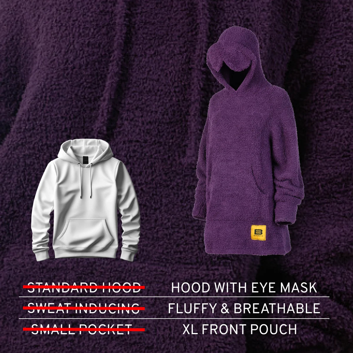 Deep purple oversized hoodie with hood and eye mask, fluffy texture, XL front pouch pocket on mannequin