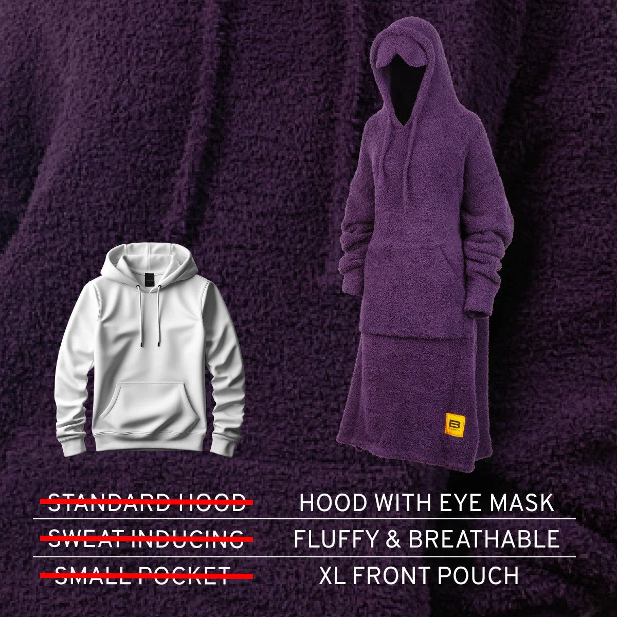 Deep purple oversized hoodie with attached hood featuring eye mask, fluffy texture, XL front pouch, displayed flat and on mannequin