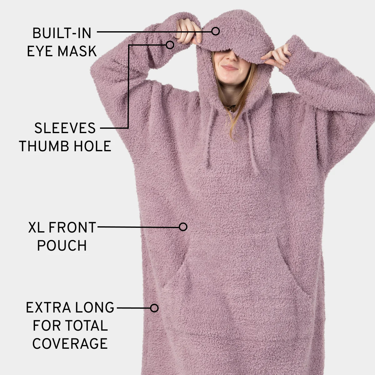 Mauve Premier Plush hoodie blanket with built-in eye mask, thumb hole sleeves, XL front pouch, and extra-long length for total coverage