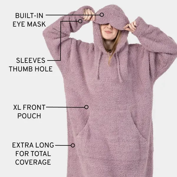 Mauve Premier Plush Hoodie with built-in eye mask, thumb hole sleeves, XL front pouch, and extra-long coverage