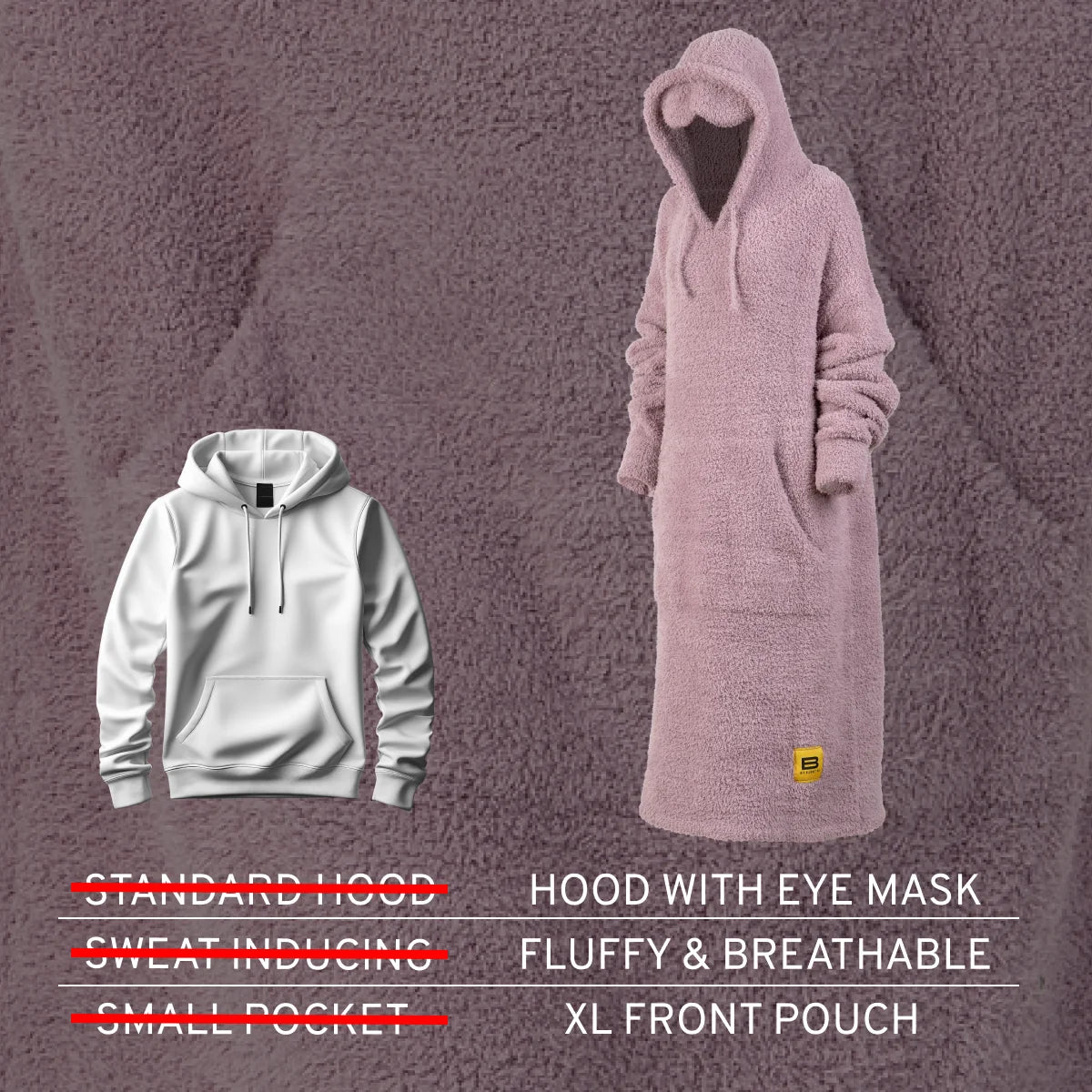 Mauve Premier Plush™ hoodie blanket with hood, eye mask opening, fluffy texture, and XL front pouch on model