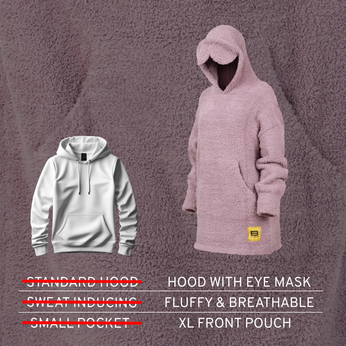 Woman wearing mauve Premier Plush Hoodie with oversized hood and cozy knit texture, demonstrating size and comfort fit