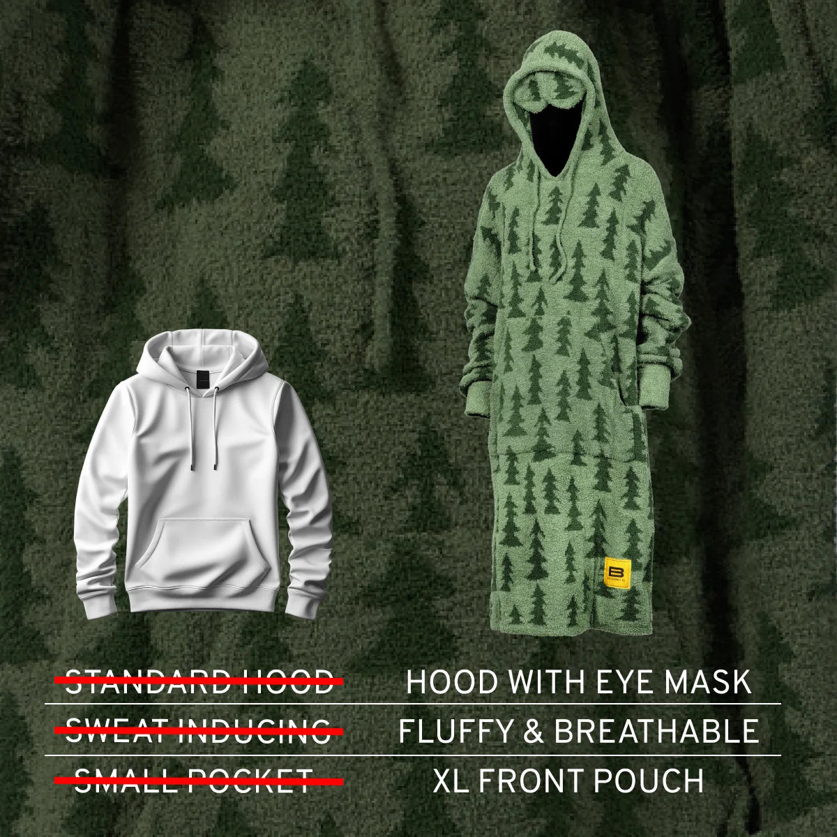 Sage green oversized hoodie blanket with allover tree pattern, hood with eye mask, front pouch pocket, displayed on mannequin