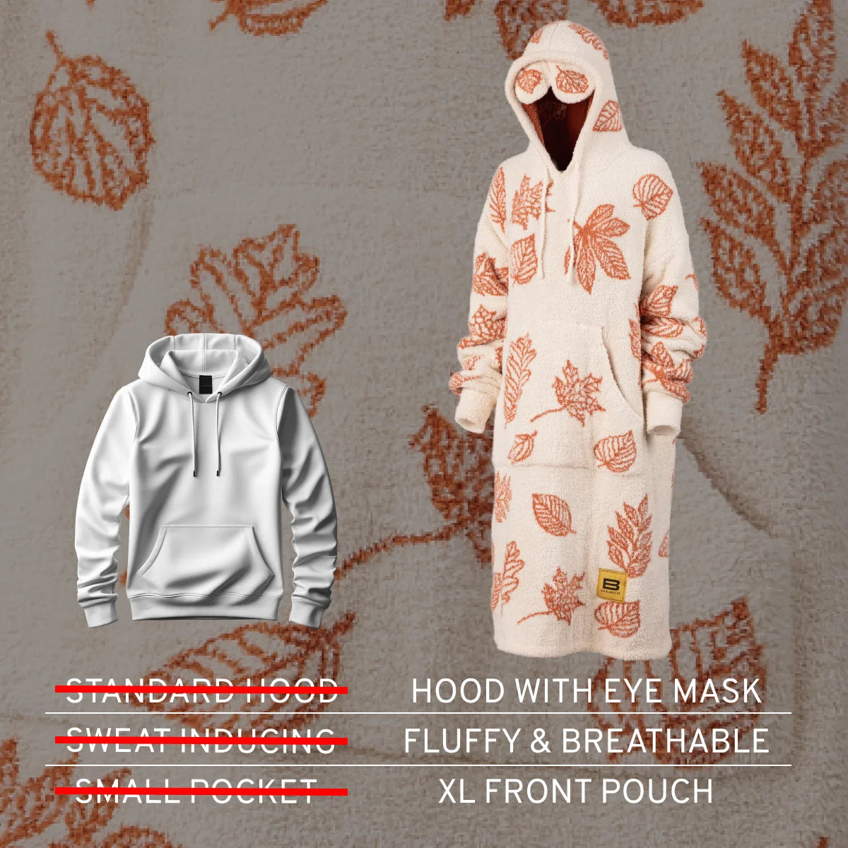 Cream and rust leaf-printed oversized hoodie with attached hood featuring eye mask cutouts and XL front pouch
