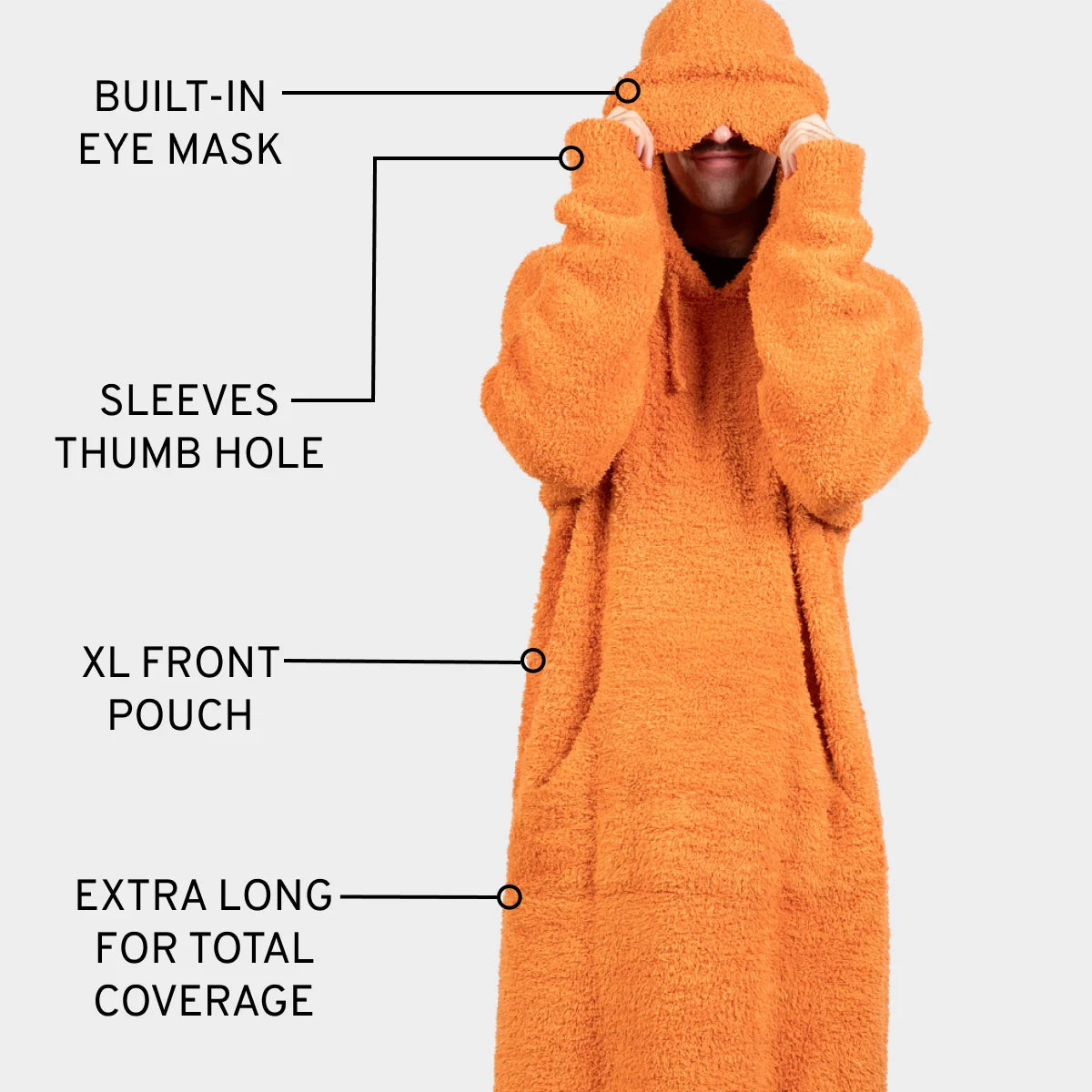 Orange Premier Plush hoodie blanket with built-in eye mask, thumb hole sleeves, XL front pouch, and extra long length for total coverage
