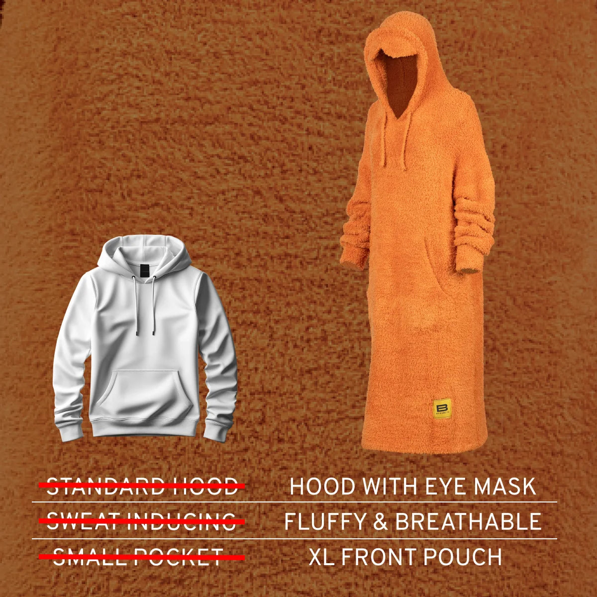 Orange oversized hoodie blanket with hood and eye mask cutout, XL front pouch, fluffy breathable fabric