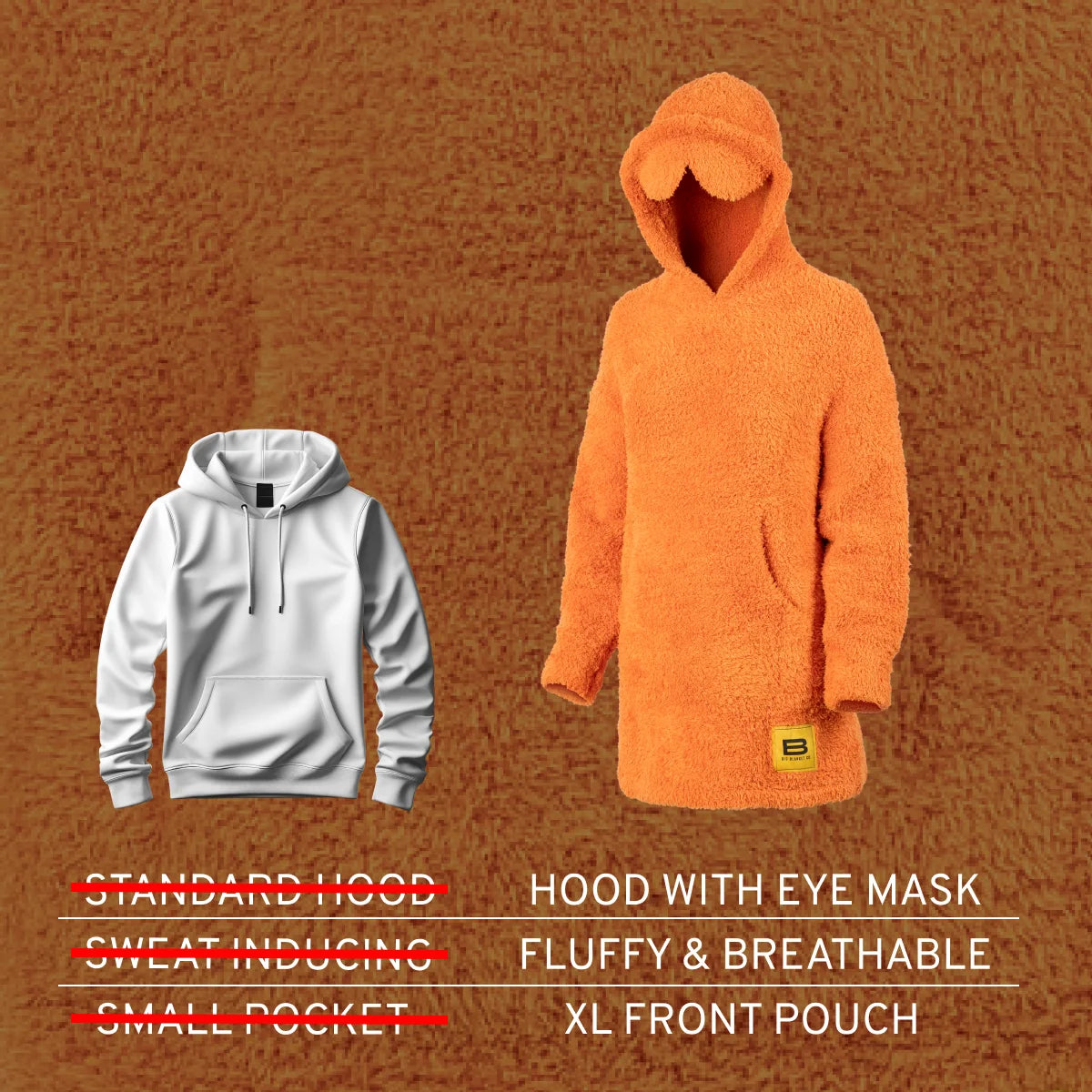 Oversized orange fleece hoodie blanket with eye mask hood and XL front pouch, shown next to white standard hoodie for size comparison