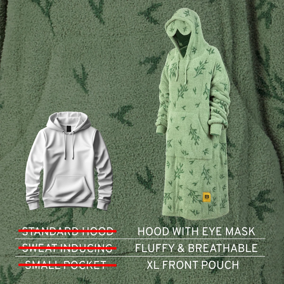 Sage green oversized blanket hoodie with fern pattern, hood with eye mask, fluffy texture, and XL front pouch