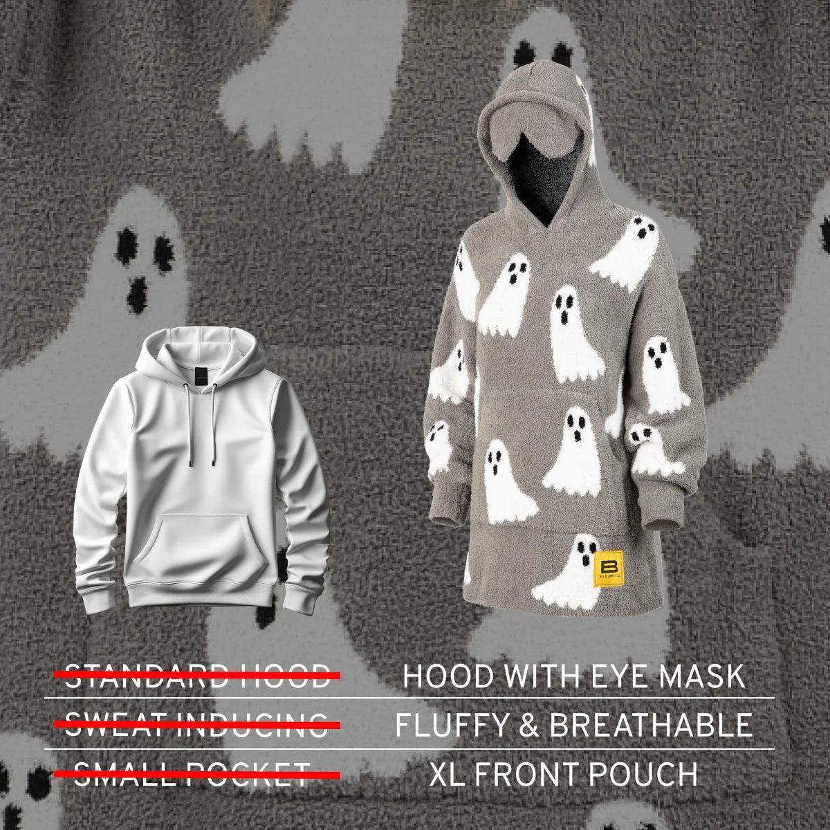 Gray oversized hoodie with ghost pattern, hood with eye mask, XL front pouch, displayed on model against haunted forest background