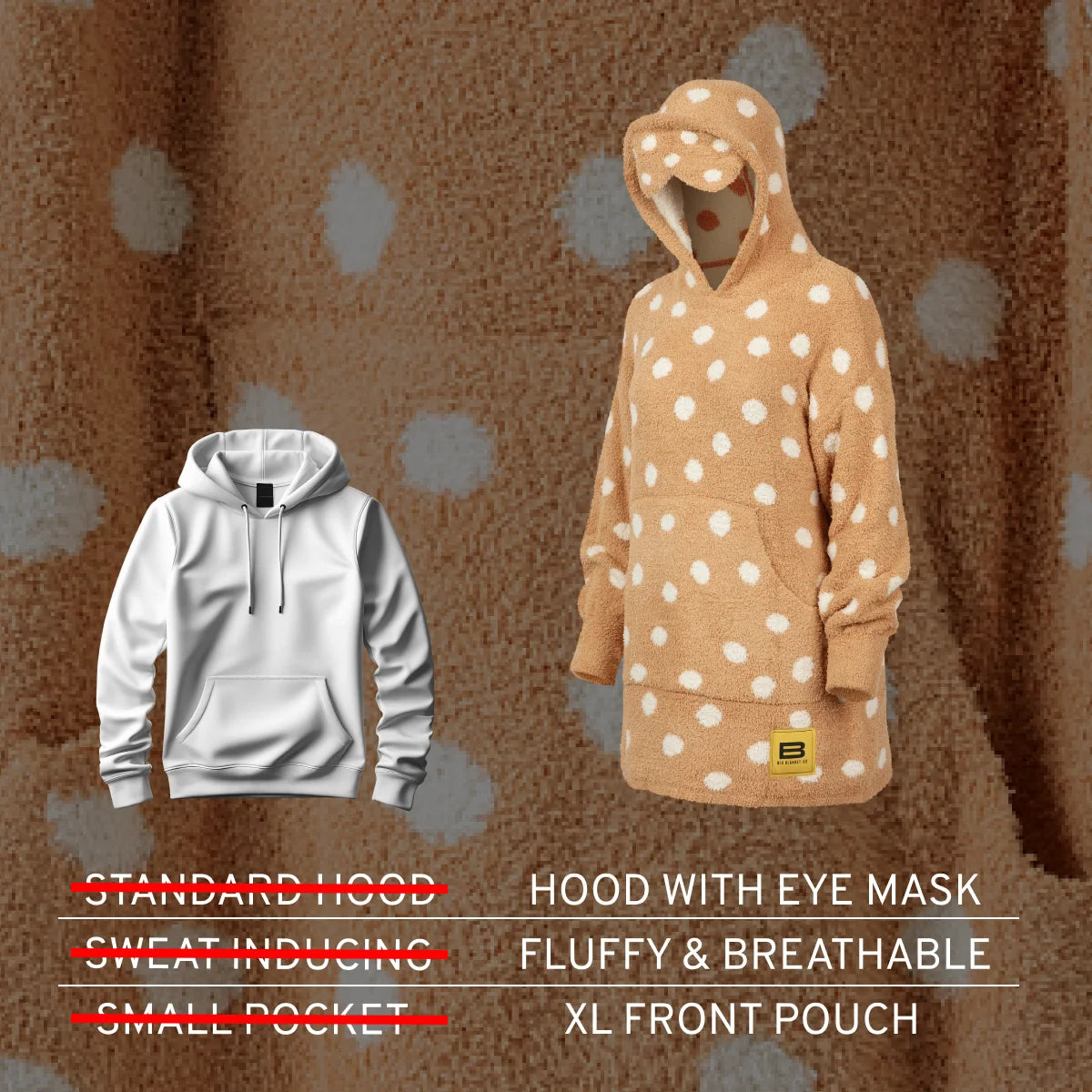 Caramel oversized hoodie blanket with white polka dots, hood with eye mask, XL front pouch, fluffy and breathable fabric