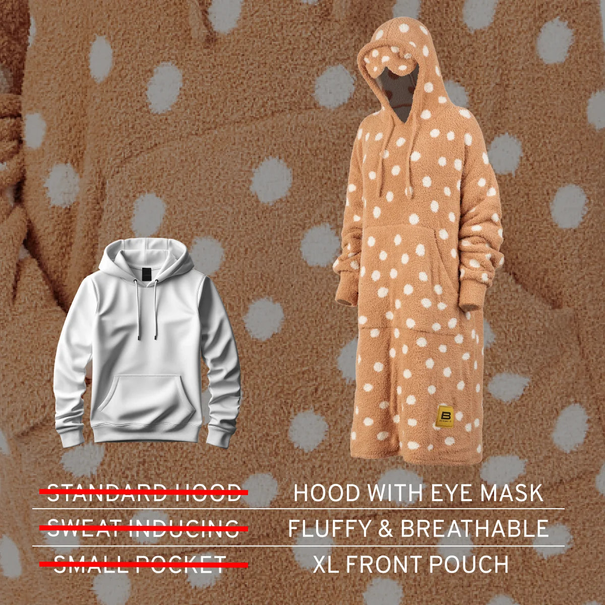 Tan oversized hoodie with white polka dots, hood with eye mask, XL front pouch, fluffy and breathable fabric