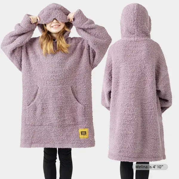 Child wearing lavender Premier Plush Hoodie with large hood pulled up, front and back views shown