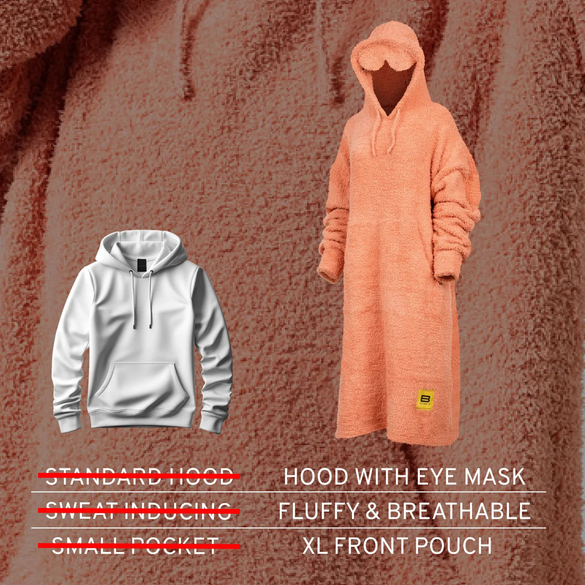 Premier Plush Melon oversized hoodie dress with eye mask hood and front pouch, shown on mannequin against textured background