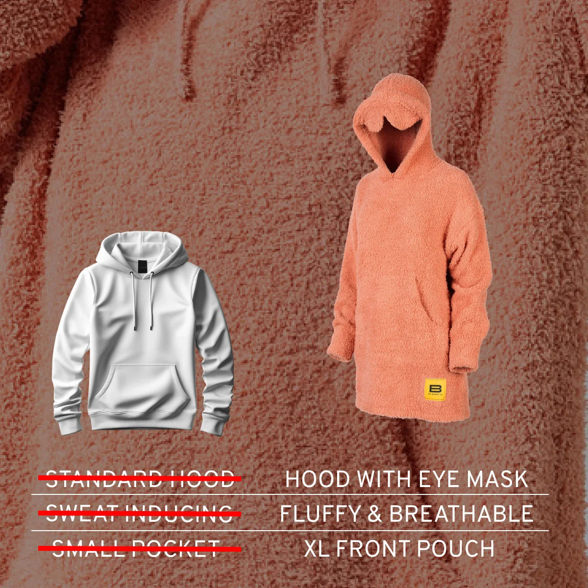Melon Premier Plush™ Hoodie kids oversized blanket with hood and eye mask, fluffy breathable fabric, XL front pouch