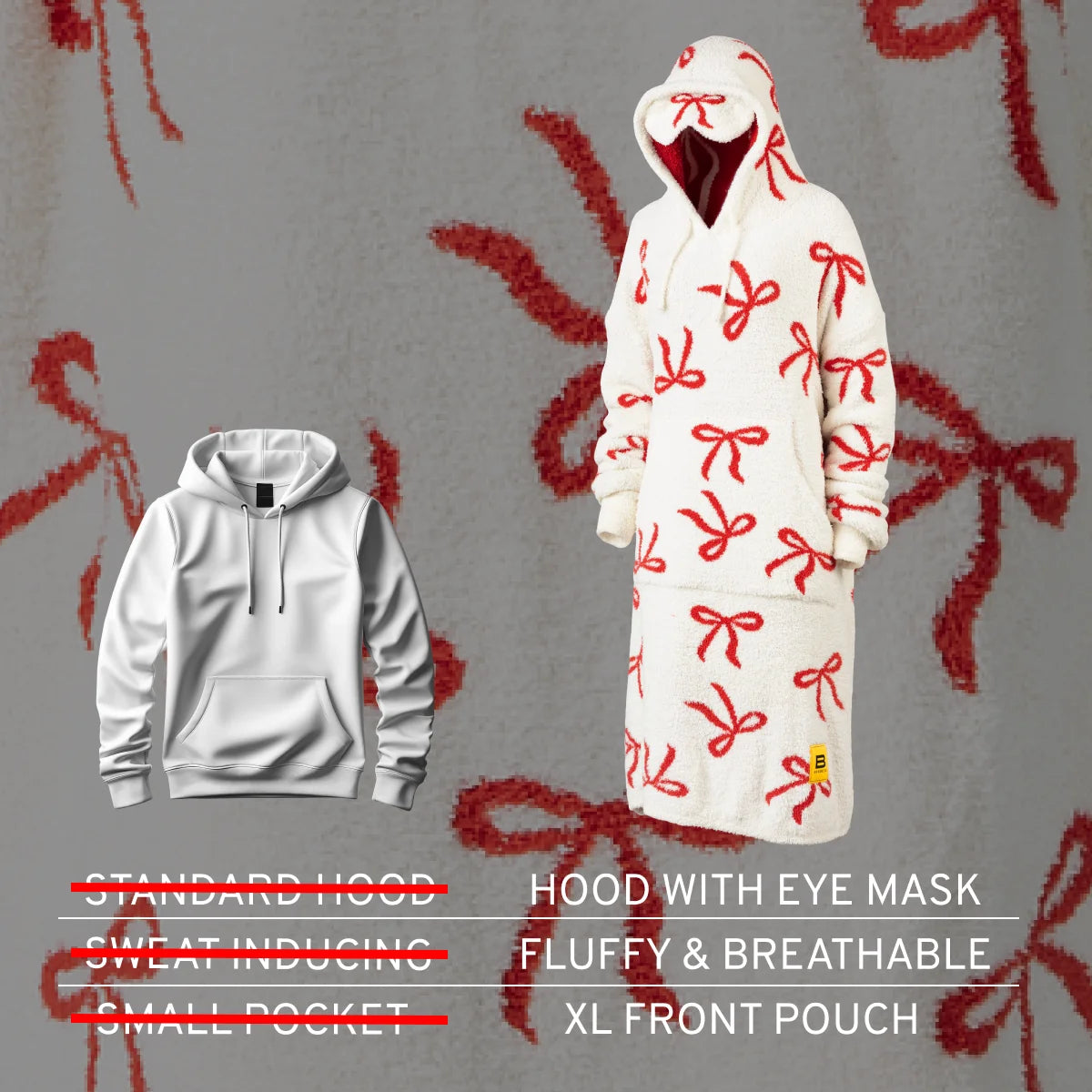 Cream oversized hoodie blanket with red bow pattern, hooded eye mask, fluffy texture, XL front pouch, displayed on figure with standard hoodie comparison