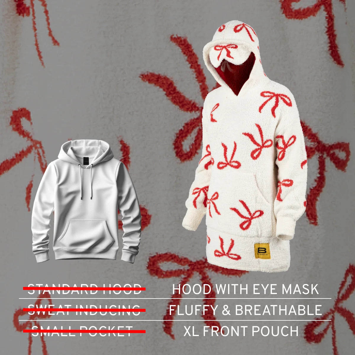 Cream oversized hoodie blanket with red bow pattern, featuring attached hood with eye mask and XL front pouch, shown on figure