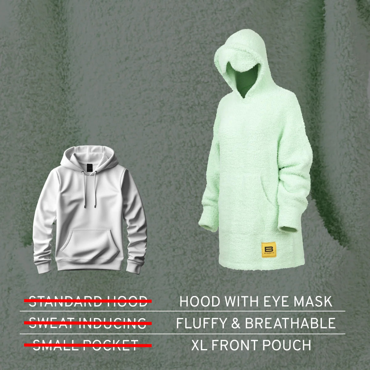 Mint green oversized hoodie with attached hood featuring eye mask cutout, fluffy texture, and XL front pouch pocket