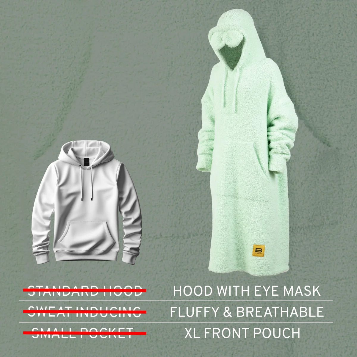 Mint green oversized hoodie with attached hood featuring eye mask, fluffy breathable fabric, and XL front pouch pocket