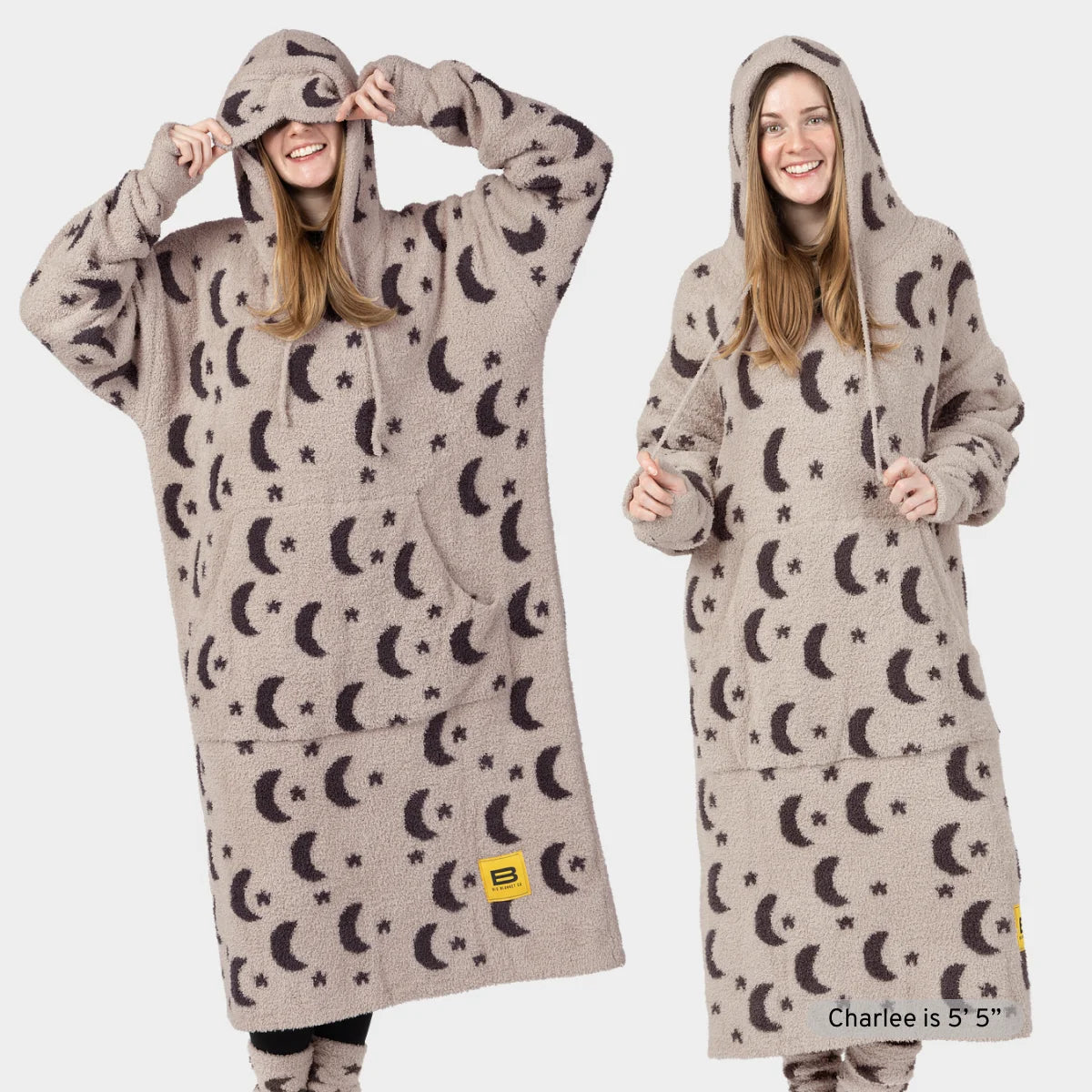Cream Premier Plush hoodie with charcoal moons and stars pattern, oversized fit with matching hood on child model