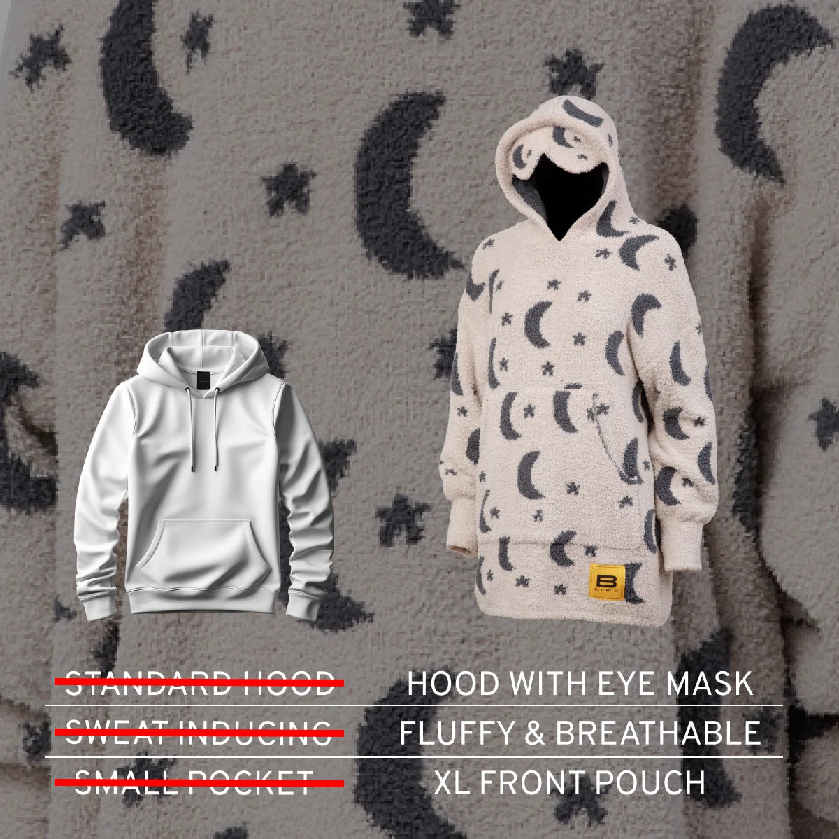 Cream hoodie with black moons and stars pattern, hood with eye mask detail, XL front pouch, displayed on moon-patterned blanket background