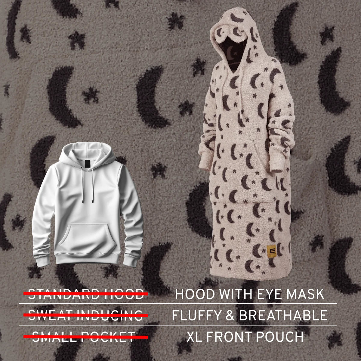 Premier Plush Moon Sky hoodie in cream with navy moons and stars, displayed on mannequin with attached eye mask hood and XL front pouch