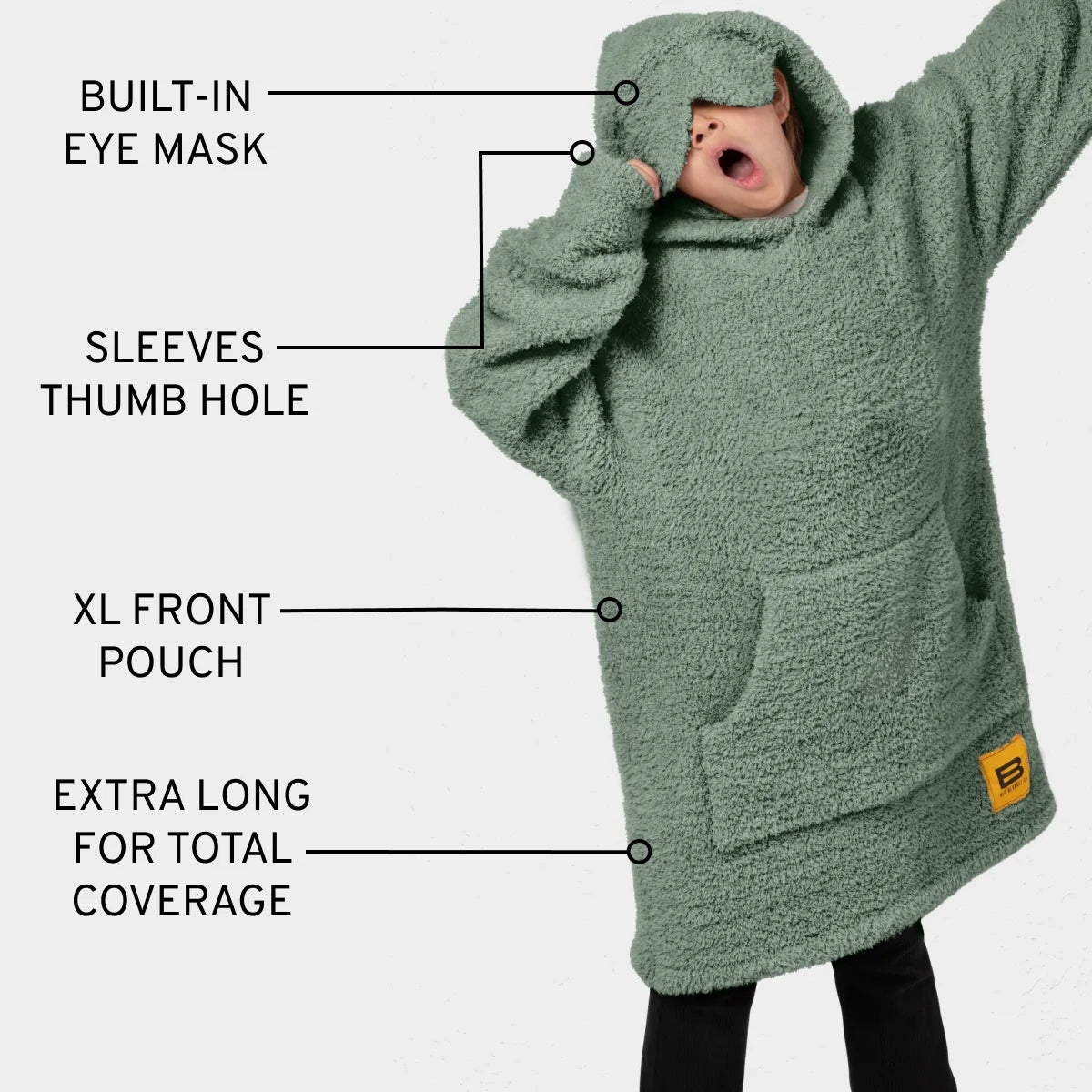 Moss green Premier Plush Hoodie with built-in eye mask, thumb holes, XL front pouch, extra long coverage