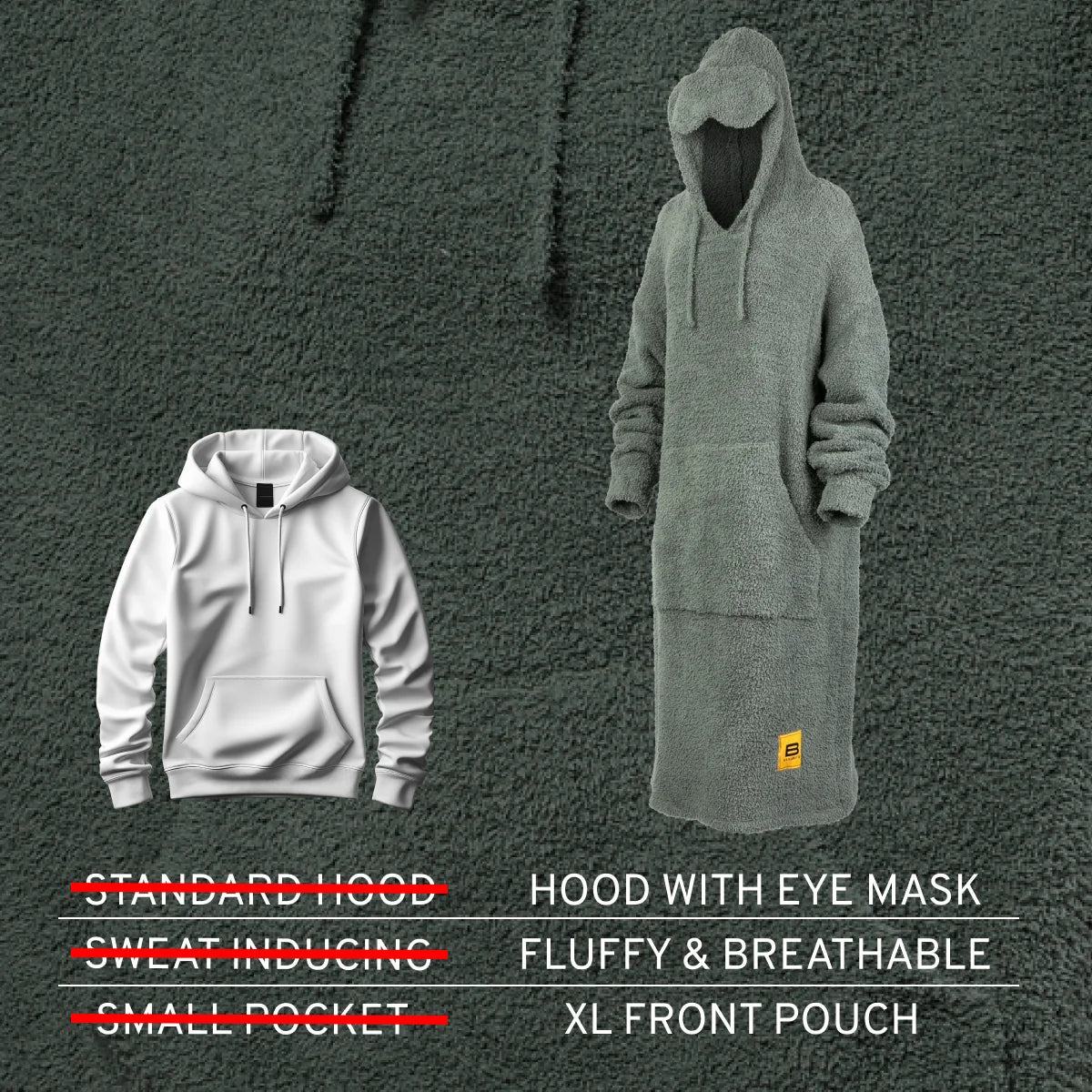 Sage green oversized blanket hoodie with hood, eye mask opening, fluffy texture, and extra-large front pouch pocket