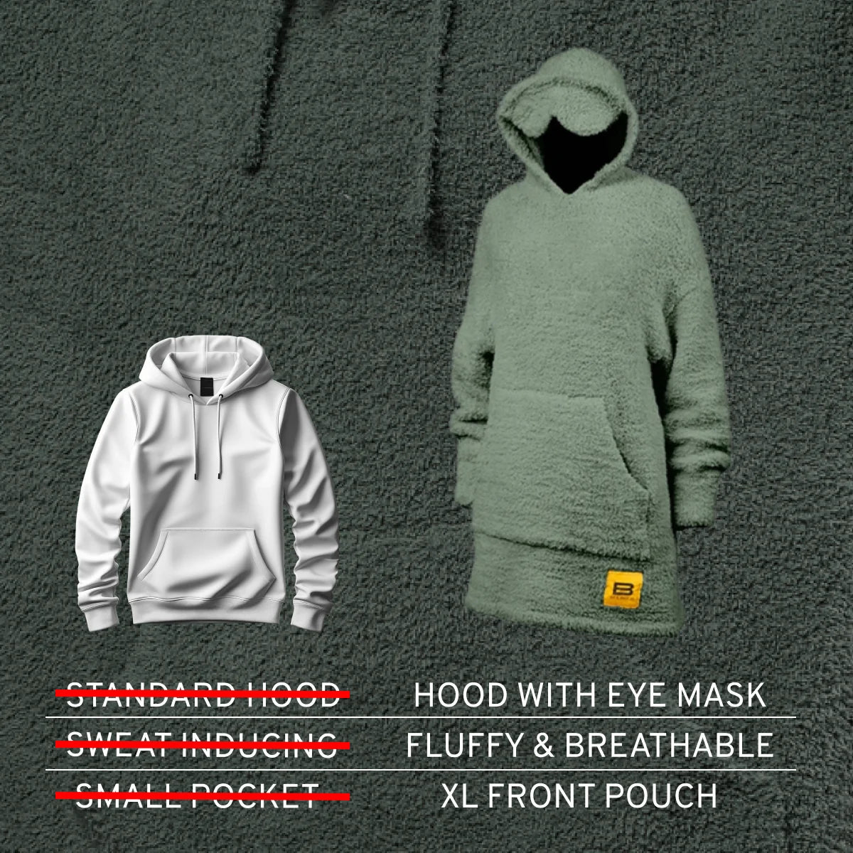 Sage green oversized hoodie blanket with eye mask hood, XL front pouch, fluffy textured fabric on child-sized mannequin