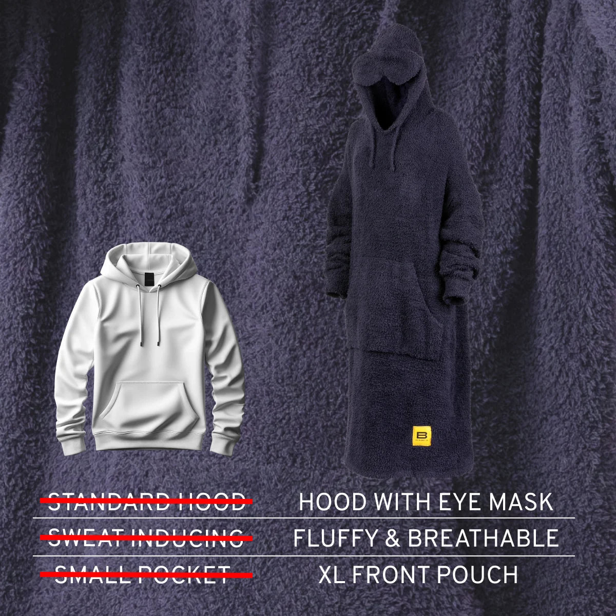 Premier Plush™ Night hoodie dress shown in white and charcoal, featuring hood with eye mask, XL front pouch, fluffy breathable fabric