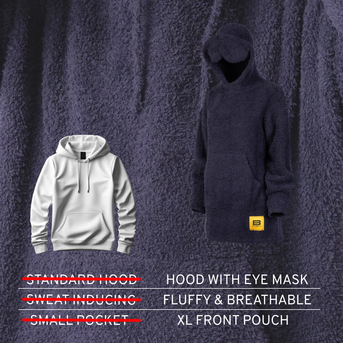 Dark navy oversized hoodie blanket with hood and eye mask feature, displayed on mannequin against textured backdrop